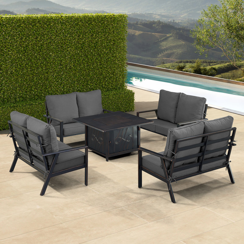 Ensemble de table de foyer en aluminium noir avec quatre causeuses profondes, Noir