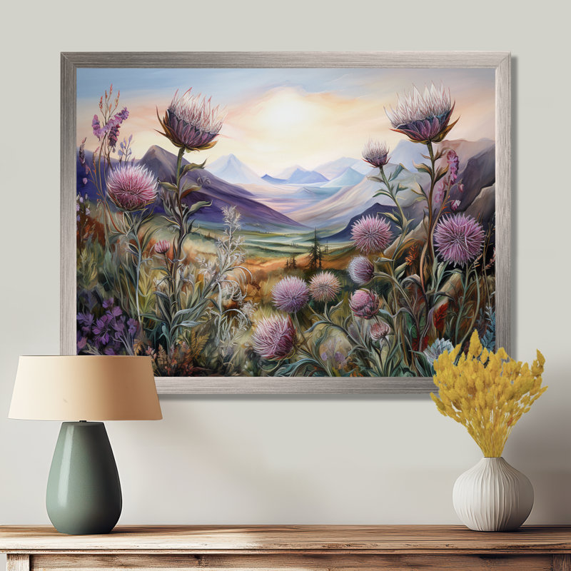 «Mauve chardon champ montagne breloque - chardon», art mural encadré, Cadre simple argenté, H 24 po x l 32 po x P 1 po