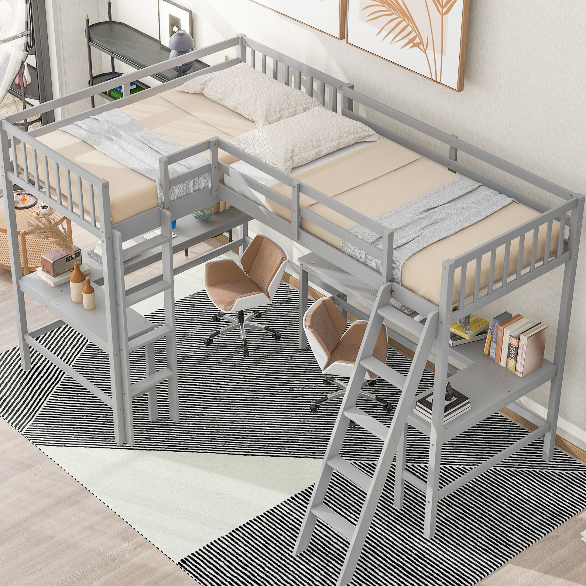 Latitude Run® Wood Twin Size L-Shaped Loft Bed With And 2 Desks, Grey ...
