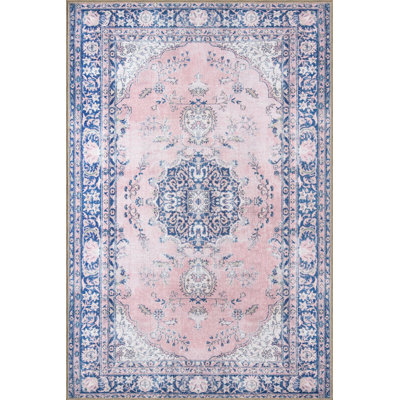 Washable Traditional Themed Blue Pink Colored Decorative Area Rug