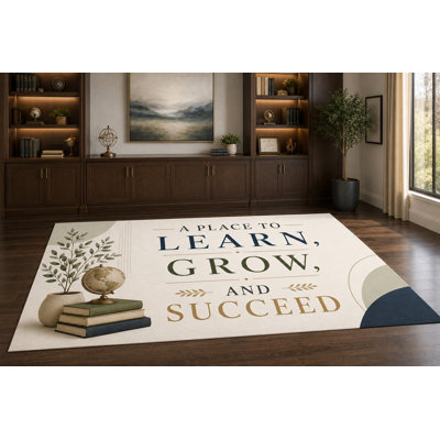 Tapis « Ultra Fin » 152 x 213 cm (5 pi x 7 pi) « Un lieu pour apprendre, grandir et réussir » pour bureau de direction, salle d'étude, salon et bureau à domicile, moquette douce à poils courts avec envers antidérapant en silicone