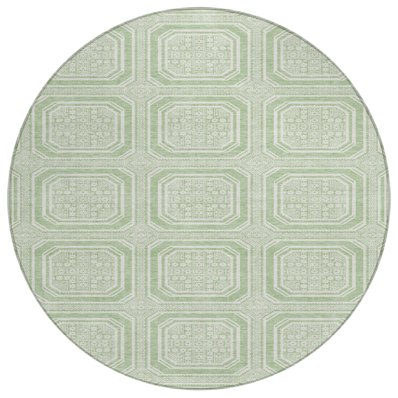 Tapis d'intérieur rond 8 po à motif géométrique vert et ivoire lavable