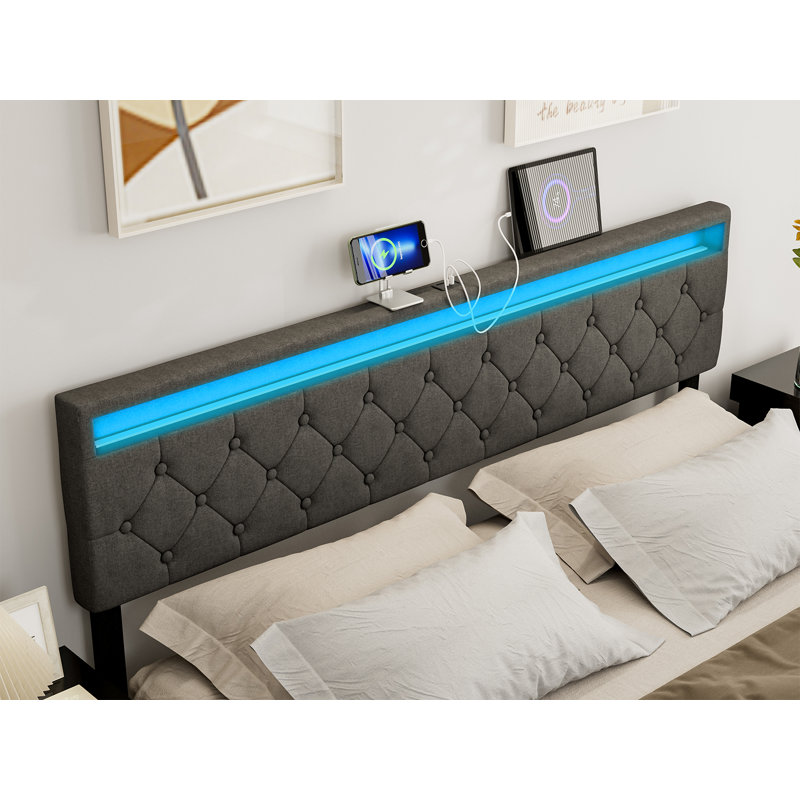 Tête de lit tapissier avec 2 ports USB et lumières DEL Bertwald - Hauteur réglable, Double, Gris foncé