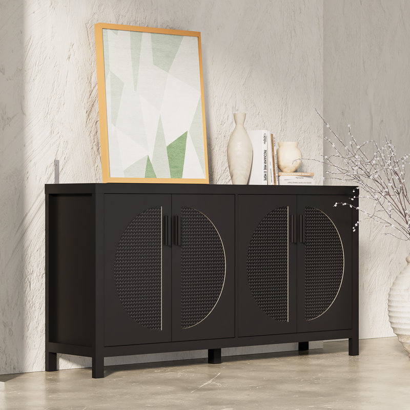 Black Modern Sideboard Cabinet with Rattan Doors and Storage