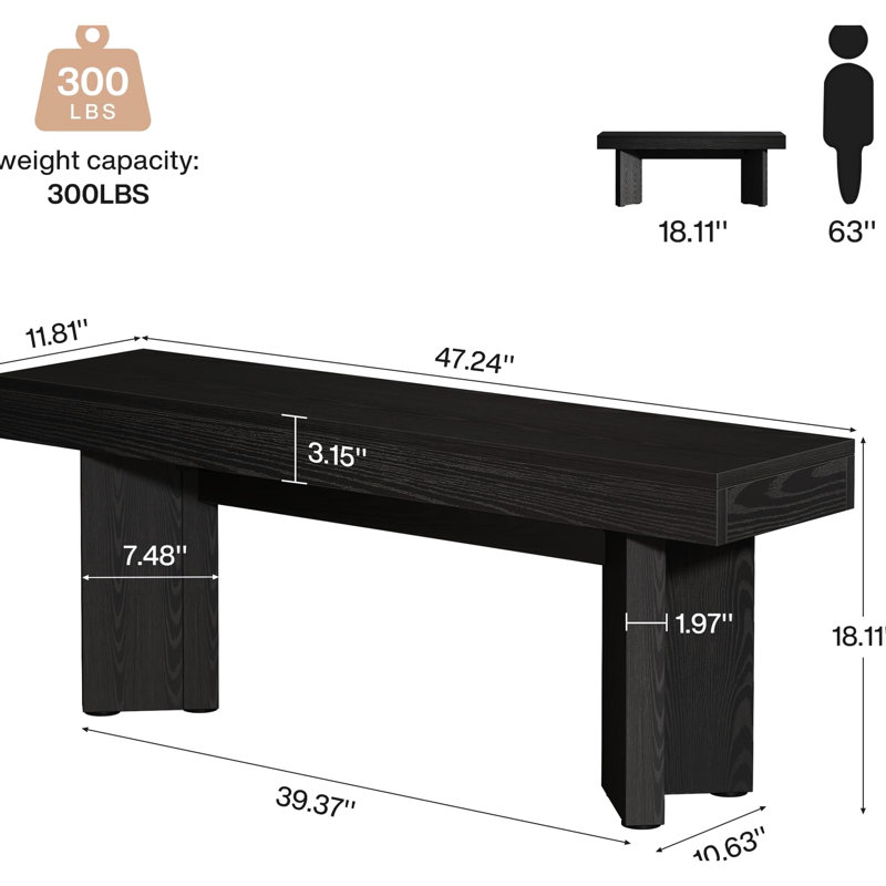 Banc de table de cuisine robuste avec pied triangulaire, 11,75 pouces de large, pour un décor rustique de salle à manger et de chambre à coucher