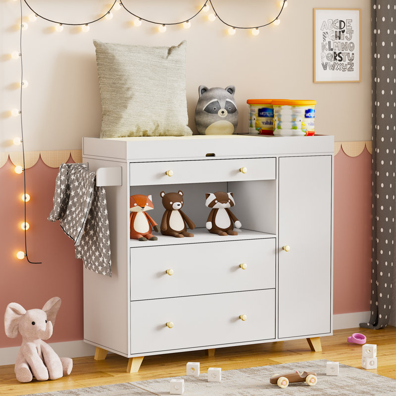 Commode pour chambre de bébé avec table à langer, commode à langer moderne, commode pour chambre de bébé avec 2 tiroirs et tablettes, lit de bébé avec table à langer