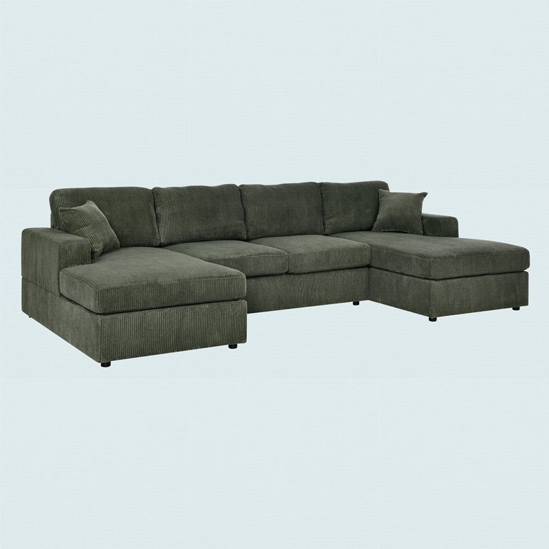 3 - Piece Double-Chaise Sectional, Green Corduroy
