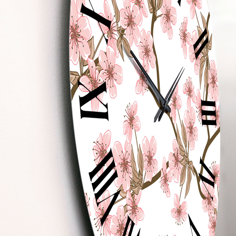 Horloge murale à motif de fleurs de cerisier roses sur fond blanc, Médium