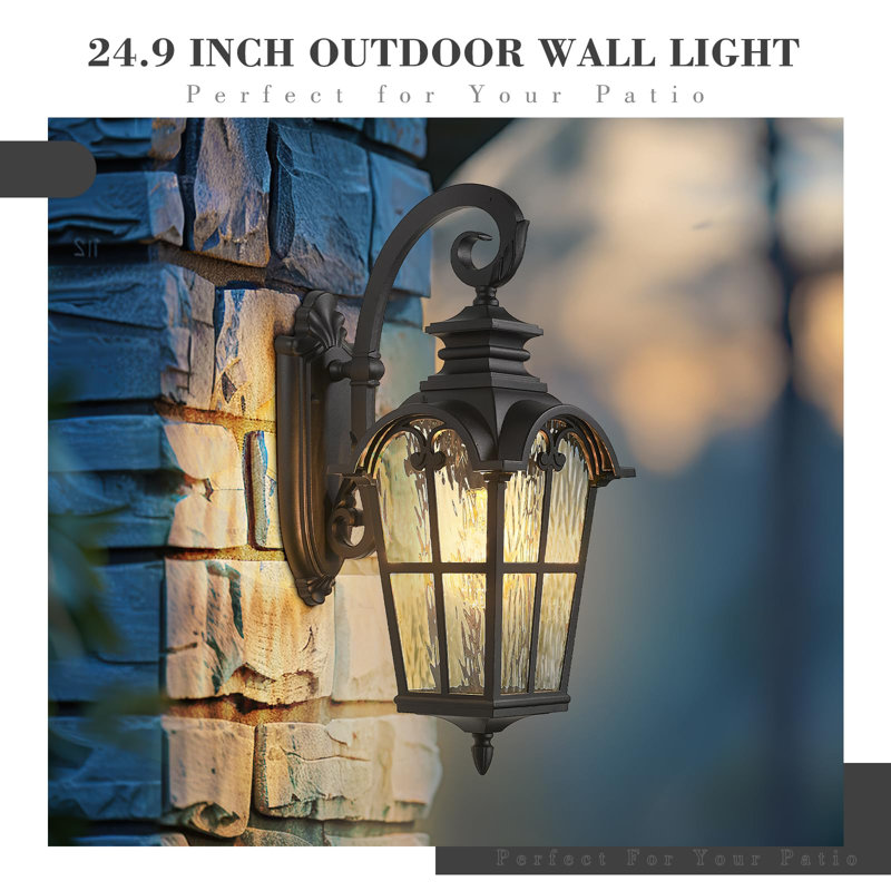 28.7 Inch Large Farmhouse Outdoor Wall Light With Water Glass, Matte Black
