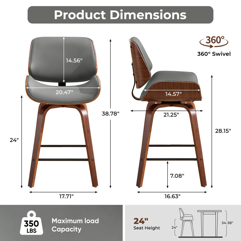 24'' Swivel Upholstered Counter Stool, Dark Gray