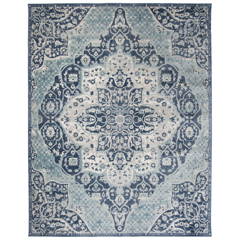 Tapis oriental bleu marine / turquoise Doucet 300 pes / coton / PP / latex, Rectangle 8 pi x 10 pi