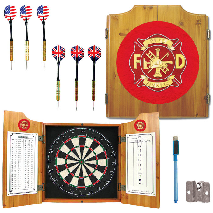 Fire Fighter Solid Pine Dartboard Cabinet Set with Darts