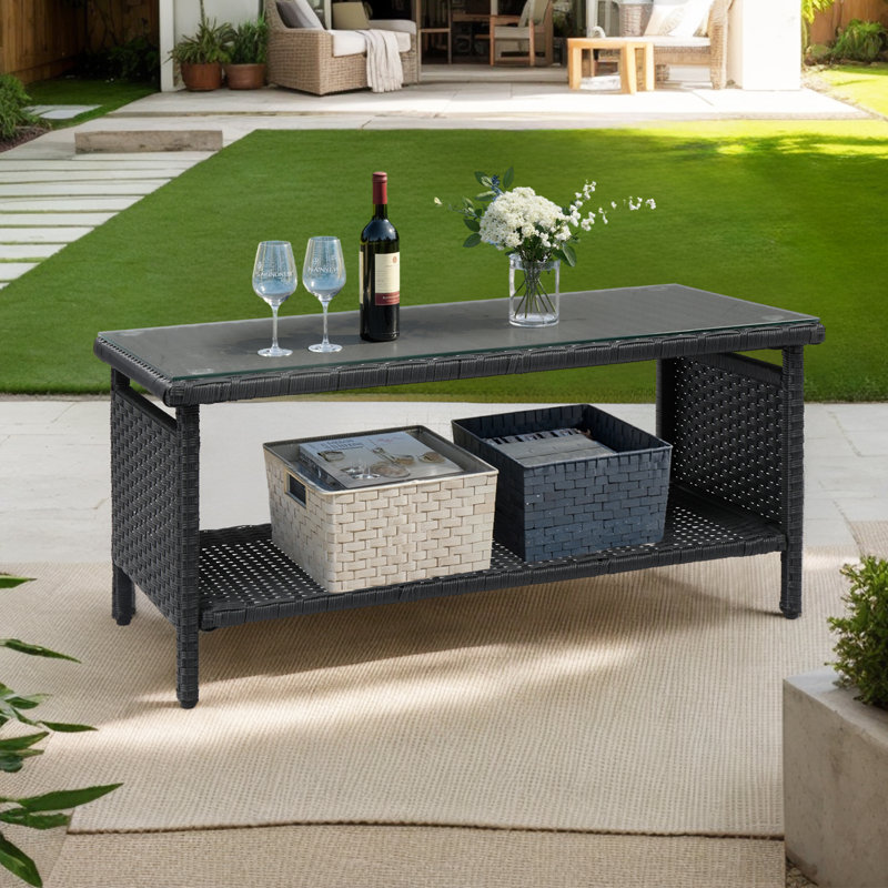 Table d'appoint de patio 16 po à double couche en osier noir, Noir