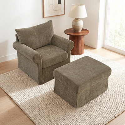 37" W Upholstered Rolled Arm Accent Chair With Ottoman