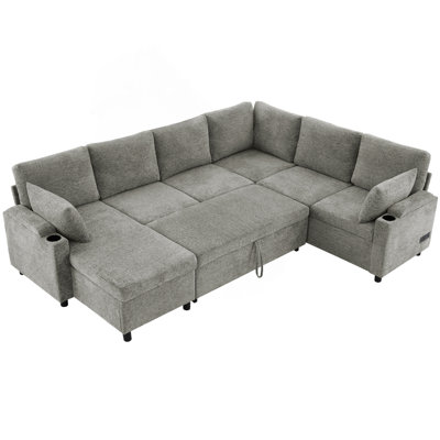 U-shaped Sectional Sofa Bed With Ample Storage Space, Two Cup Holders, Charging Ports And Hidden Storage Chaise