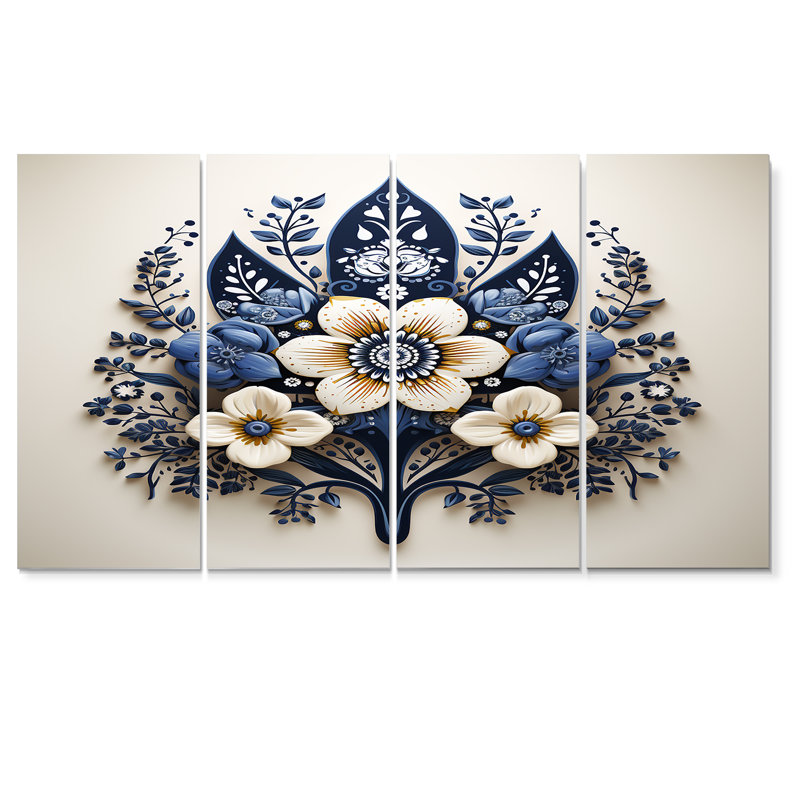 4 pièces de fleurs bleues persanes ornementales - art mural floral moderne, H 32 po x l 64 po