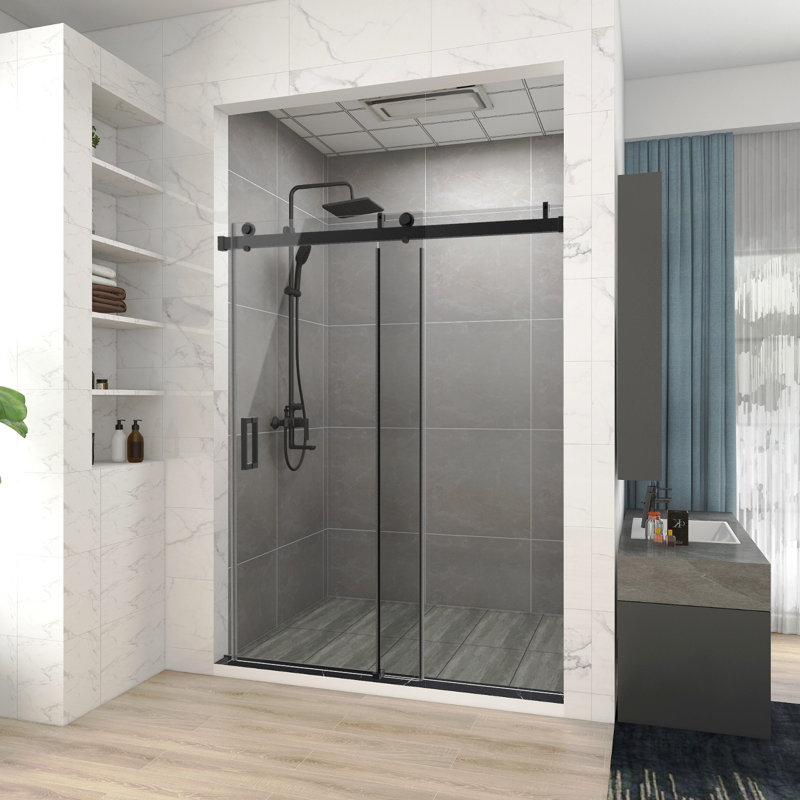60 In. W X 76 In. H Single Sliding Frameless Shower Door/Enclosure In Matte Black Finish With Clear Glass, Matte Black