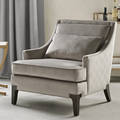 Perry Street Anna Arm Accent 31" Wide Velvet Upholstered Accent Armchair with Lumbar Pillow & Solid Wood Legs, Light Gray