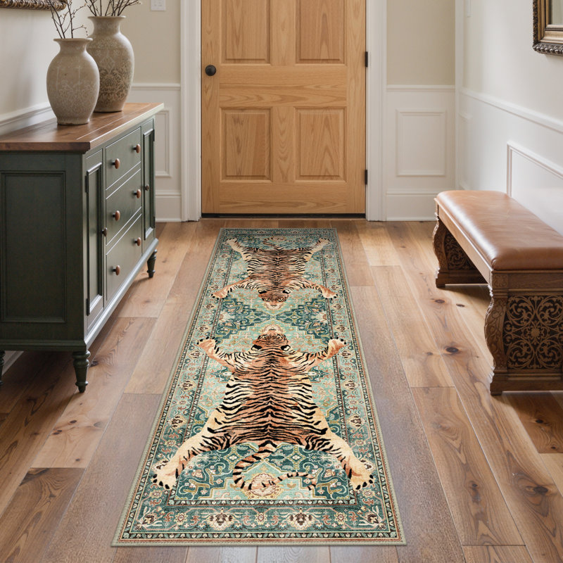 Veatrice Zephyr Tiger Print Turquoise Machine Washable Non-Slip Area Rug, Runner 2' x 6'