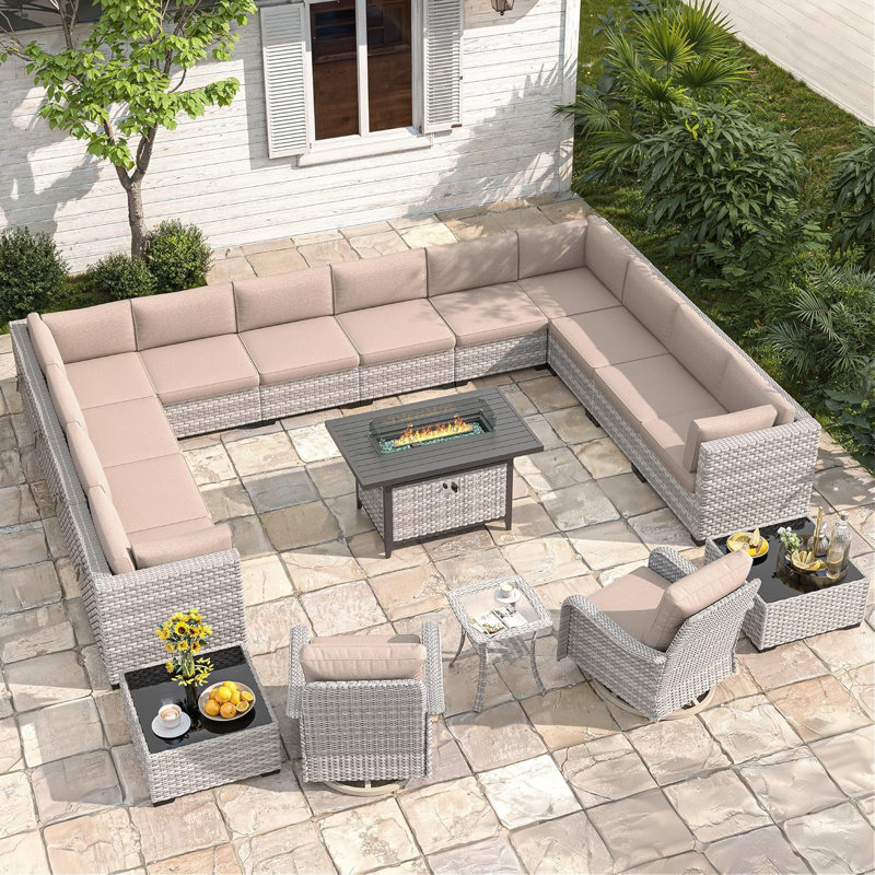 14 - Person Outdoor Wicker Patio Conversation Furniture Set with Fire Pit Table, Beige