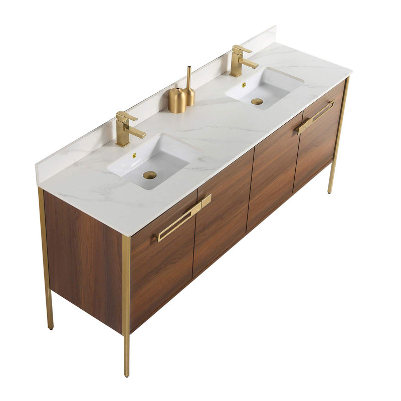 Meuble-lavabo double 72 po, Noyer ébène, Laiton satiné