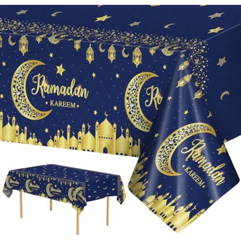 Paquet de 3 nappes Ramadan - bleu et doré Ramadan Kareem, nappe jetable rectangulaire en plastique Eid Moon Star pour Ramadans Mubarak
