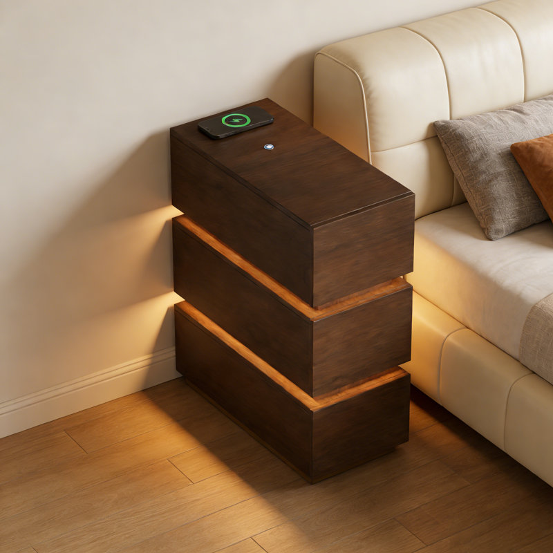 3-Drawer LED Smart Nightstand with Light, Walnut Brown