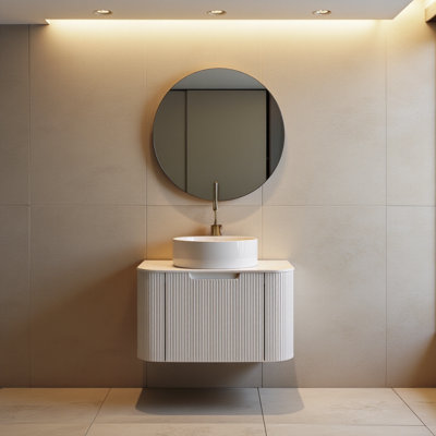 Meuble-lavabo de 24 po avec lavabo, armoires de salle de bain en contreplaqué rayé à bords arrondis avec tiroir, lavabo rond en céramique blanche et plateau en pierre frittée, pré-assemblé, couleur blanche