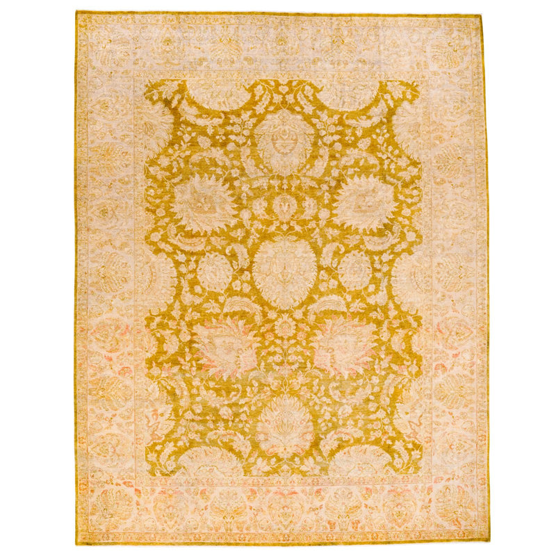 Tapis Oushak turc anatolien rétro vert fait à la main 9 x 12