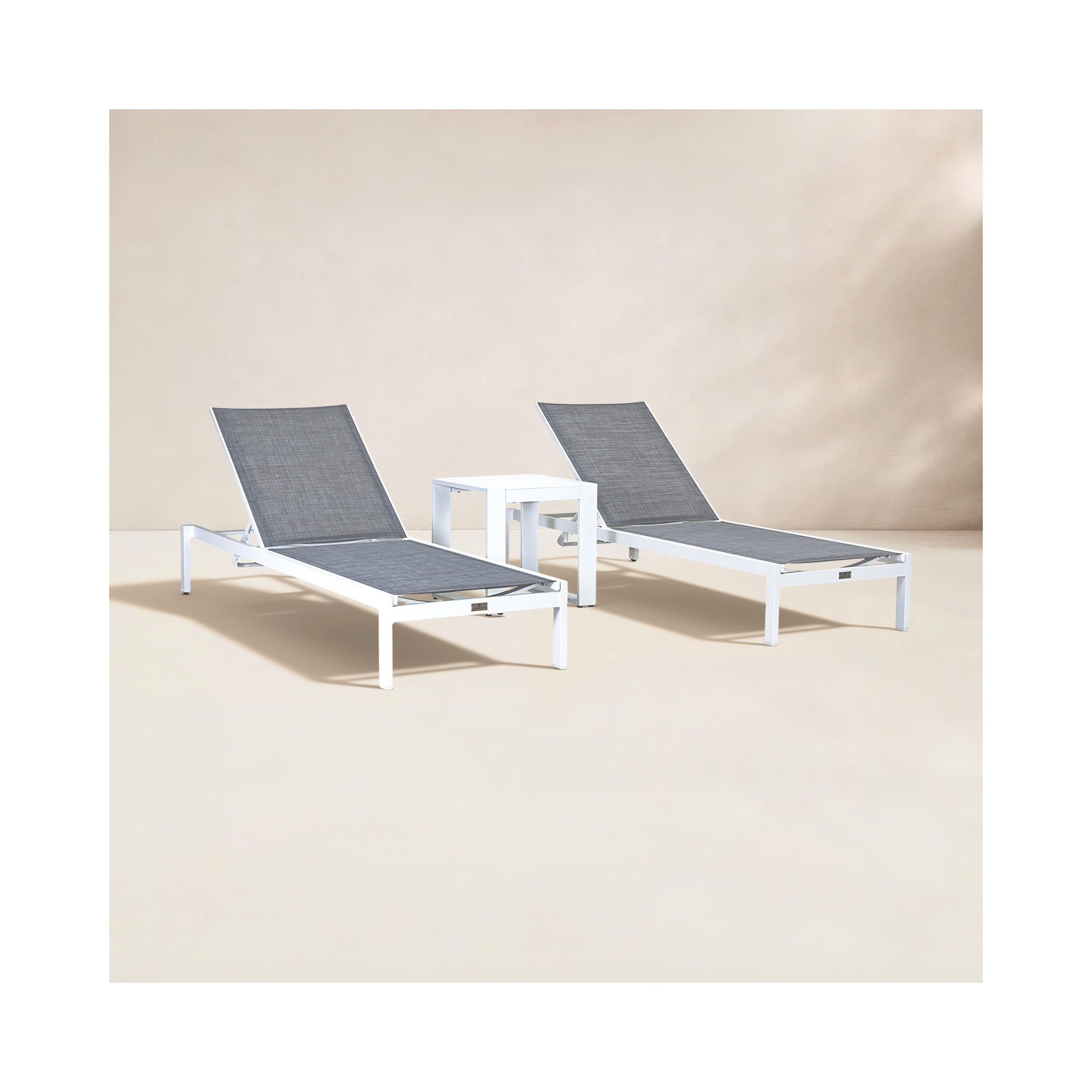 Evelyne 77" Long Reclining Chaise with Table, White Frame/Gray Cushion