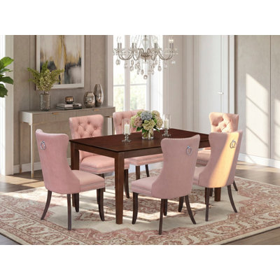 7 Piece Kitchen Table Set Includes a Rectangle Modern Dining Table and 6 Polyester Fabric Upholstered Parson Chairs, 36x60 Inch, Mahogany