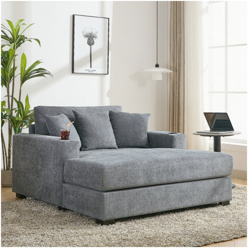55" Oversized Chaise Lounger Modern Style Sofa Couch ,with Pillows, Charge Station & Cup Holders, Chenille Fabric, Blue Gray