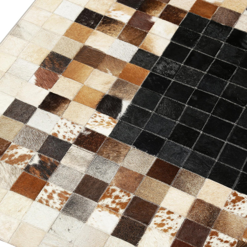 Tapis patchwork en cuir de vache véritable noir et brun, Rectangle 8 pi 10 po x 12 pi