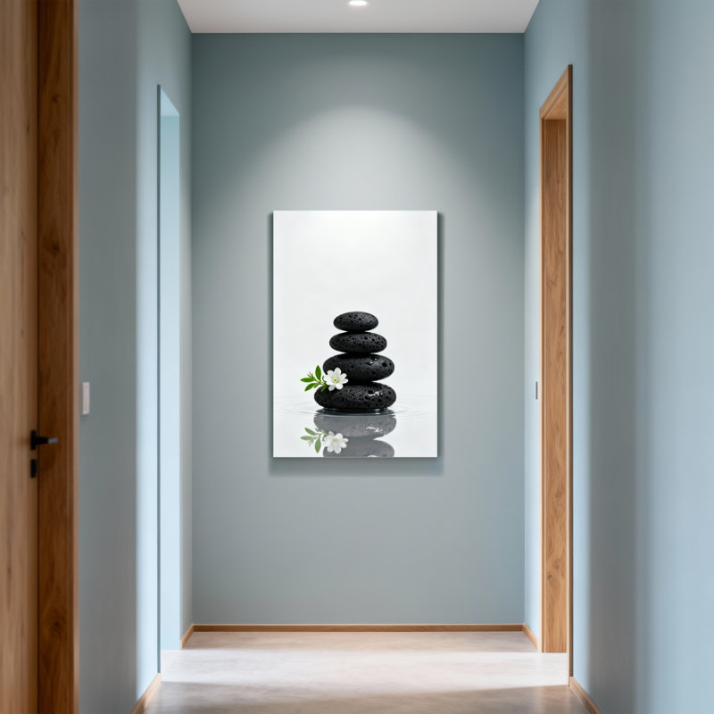 Bain et lessive pierres noires empilées avec reflet de fleurs blanches, H 24 po x l 16 po