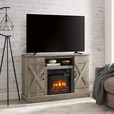 Meuble télé de style antique avec foyer électrique chauffant, gris délavé, pour téléviseurs de 50 po et beaucoup de rangement, l 47 po x P 15,5 po et tablette H 30,21 po