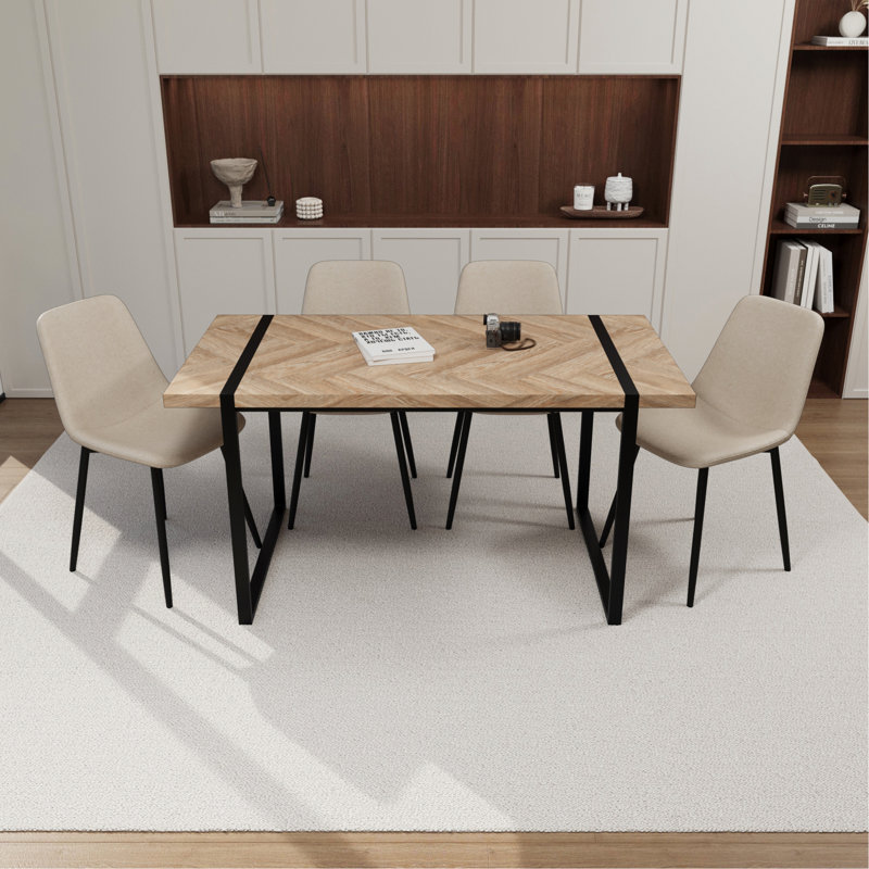 Ensemble de table de salle à manger 5 pièces en bois avec base en métal, Beige