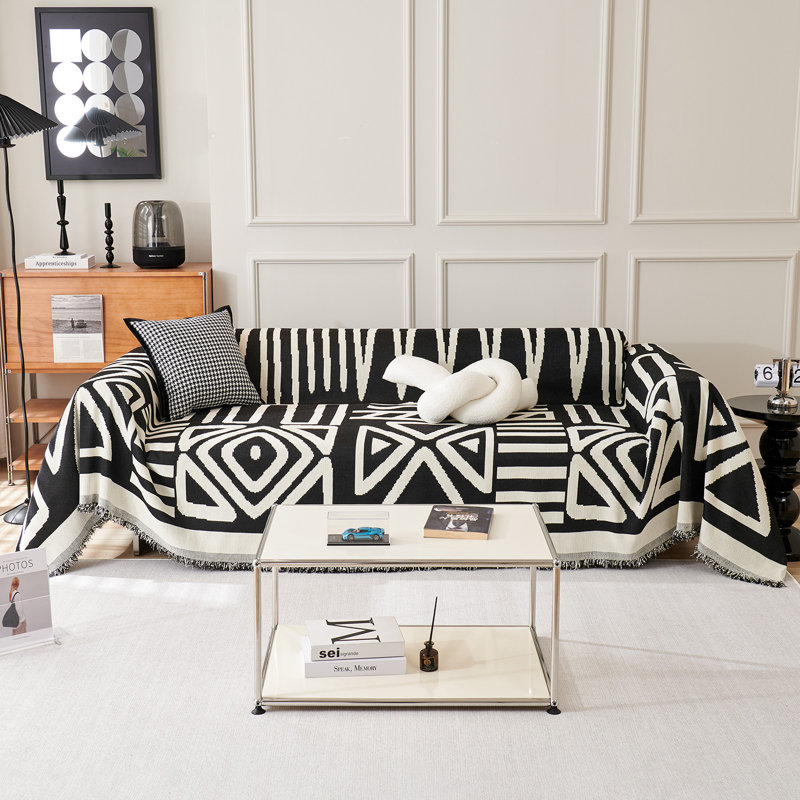 Boho Chenille Multiple Sizes Triangle Plaid Sectional Cushion Slipcover, 71" H x 134" W x 0.1" D, Black