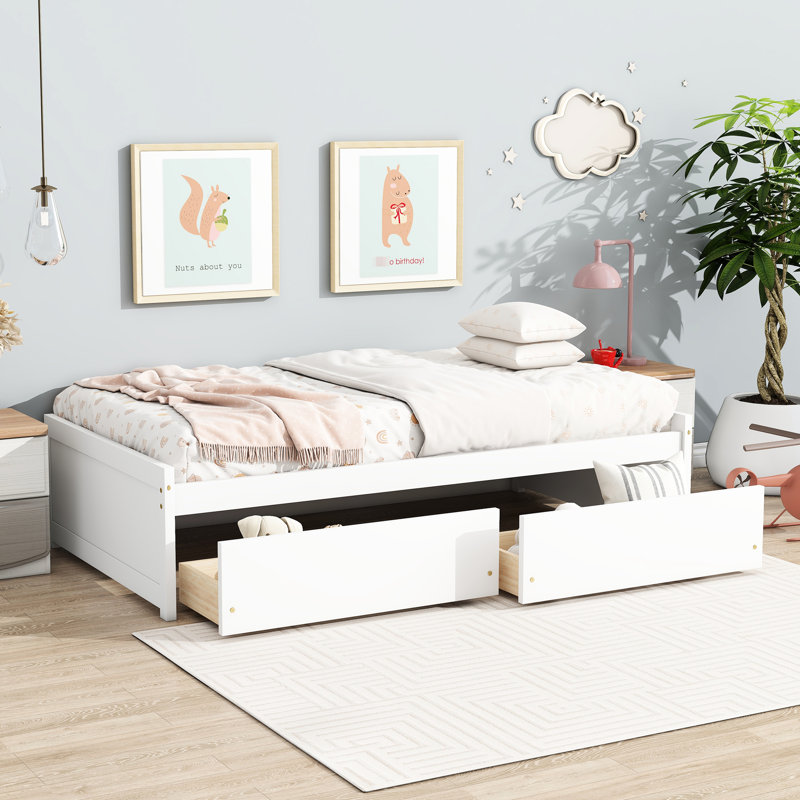 Lit simple en bois d'hévéa blanc massif avec 2 tiroirs, assemblage facile, bois de taille silencieuse et facile à utiliser