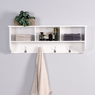 Entryway Wall Mounted Coat Rack With 4 Dual Hooks Living Room Wooden Storage Shelf