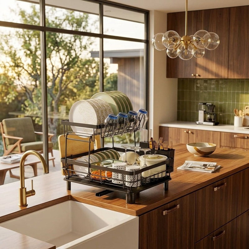 Space-Saving 2-Tier Dish Rack with Swivel Drainer