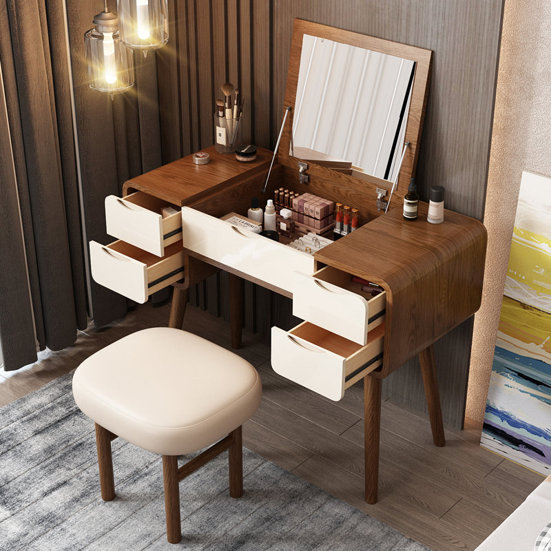 High-quality Makeup Vanity set, Includes makeup stool,Very easy to assemble,Hidden mirror, can be used as a desk, Walnut