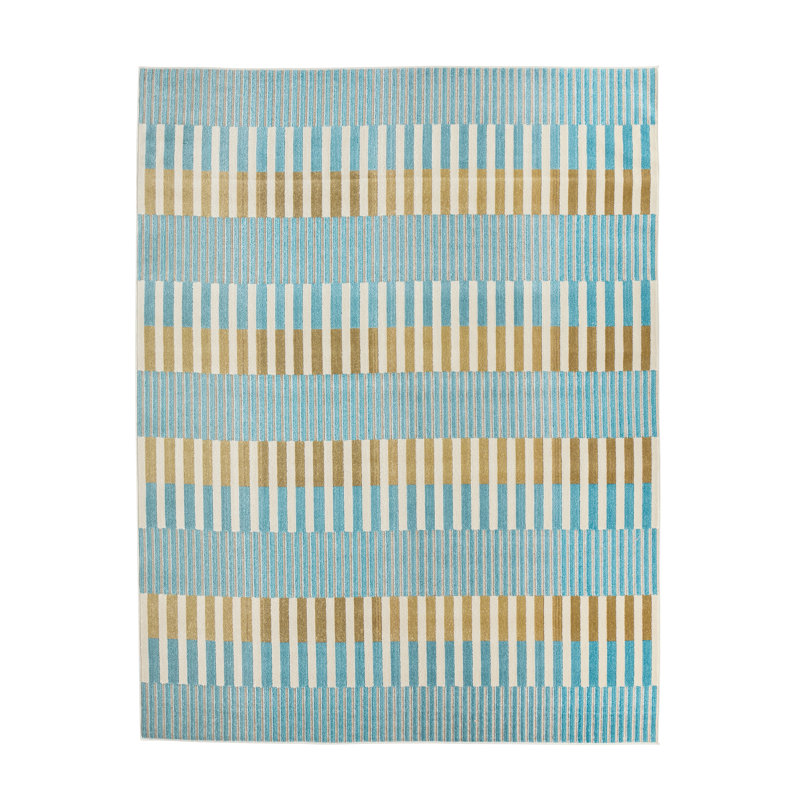 Tapis rayé bleu / jaune intérieur / extérieur Sarmiento, Rectangle 8 pi 6 po x 11 pi 6 po