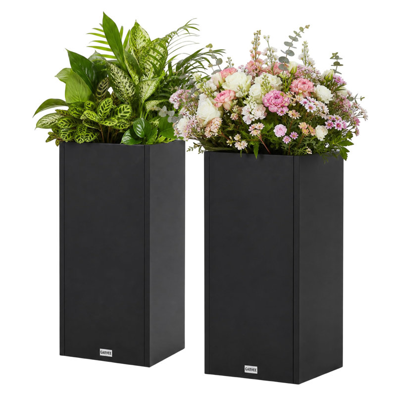 Jardinière surélevée robuste en métal - Jardinière rectangulaire haute, double paroi, séparateur ajustable, fer noir pour terrasse/entrée extérieure - 76 x 38 cm, lot de 2
