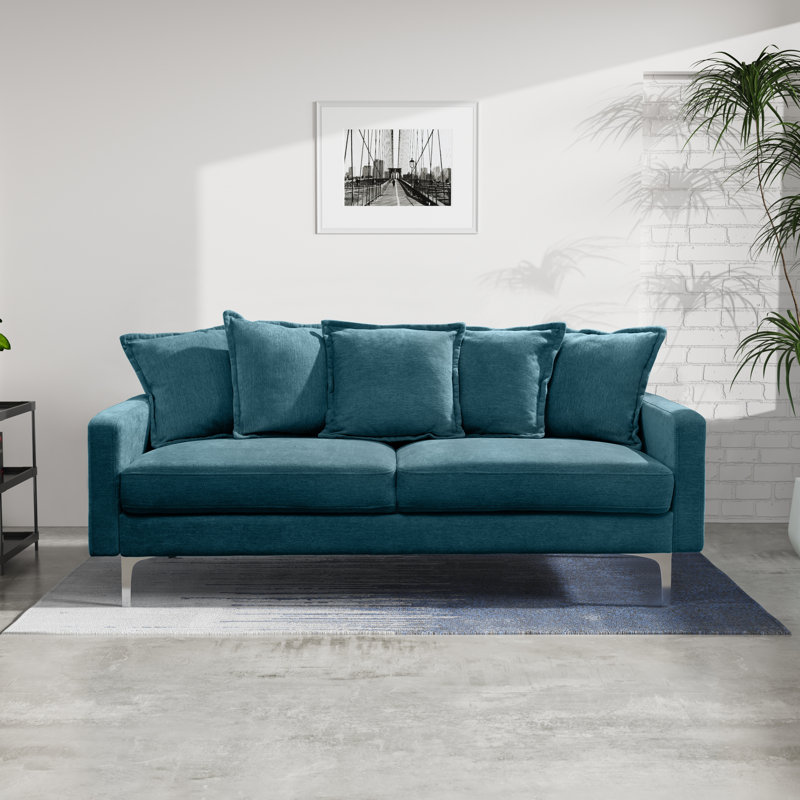 70" Velvet Square Arm Sofa, Light Blue Linen Blend, Silver