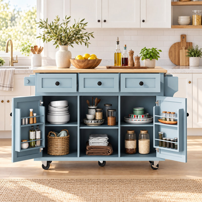 Îlot de cuisine mobile avec plateau rabattable, 3 tiroirs, tablettes de rangement et 5 roulettes, bleu gris, Bleu