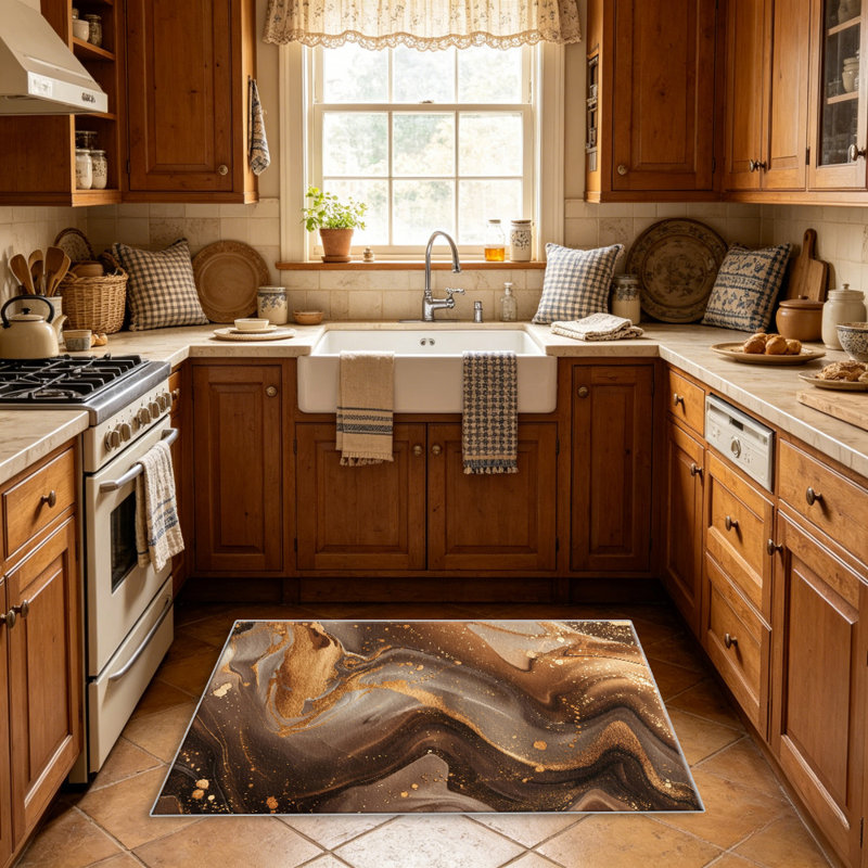 Brown Gold Marble carpet-easy to clean, machine-washable, soft and comfortable; suitable for door mats, kitchens, living rooms, bedrooms, corridors, and laundry areas. Easy to clean, durable carpet for home decoration.