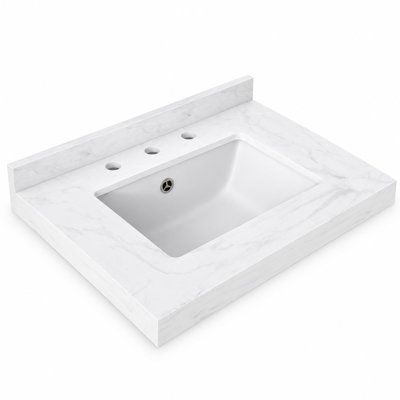 Plateau de meuble-lavabo en marbre artificiel blanc 24 po x 18,3 po avec lavabo intégré et configuration à 3 trous, avec comptoir seulement