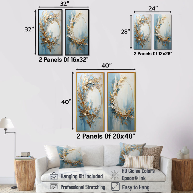 Couronne de fleurs bleue et dorée - ensemble de 2 décorations murales couronne, Toile tendue, H 28 po x l 25 po