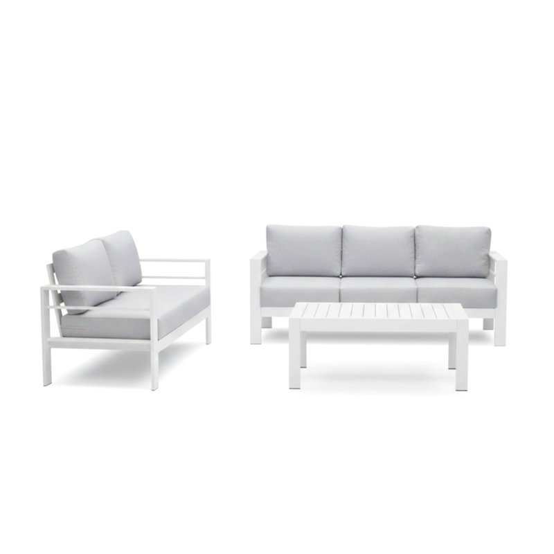 Ensemble de conversation de patio 3 pièces en aluminium 3 pièces, canapé d'extérieur 5 places avec coussins gris clair épais et structure blanche et table basse