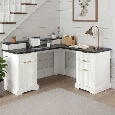 Bureau moderne en L cannelé avec station de charge et armoire de rangement - Bureau d'ordinateur élégant avec support pour écran, tiroir classeur et tablette de support amovible pour bureau, blanc